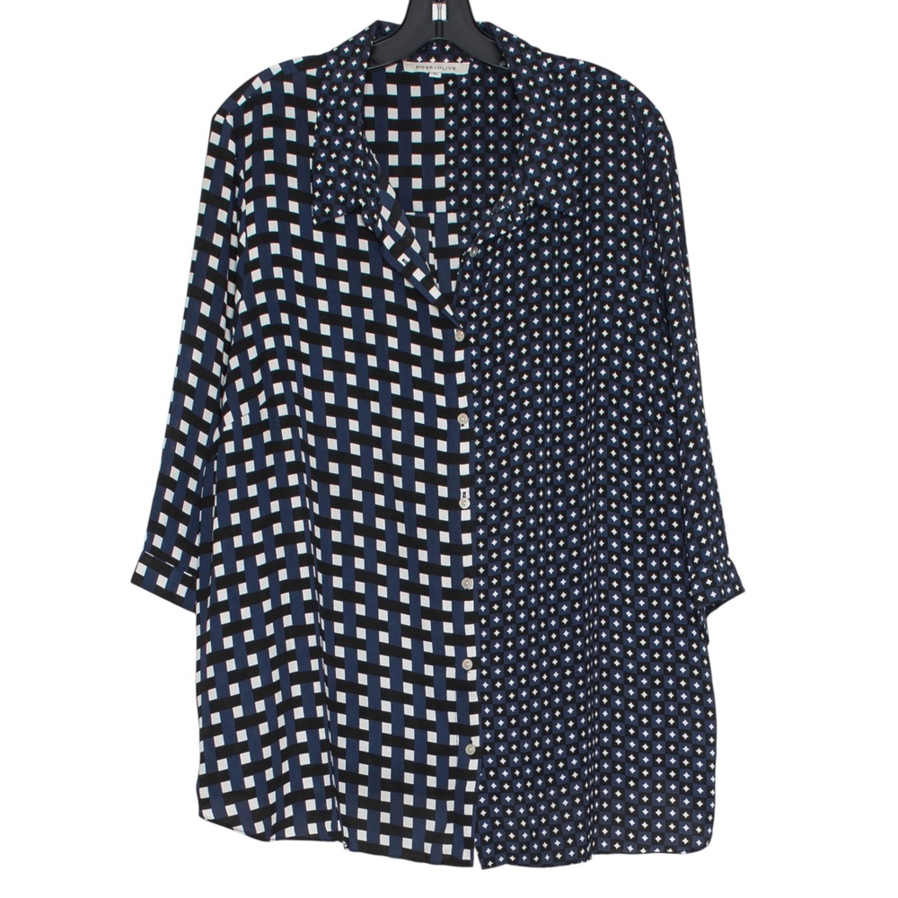 Rose + Olive 3/4 Sleeve Button Top Lightweight Mod Retro Navy Blue Plus Size 2X